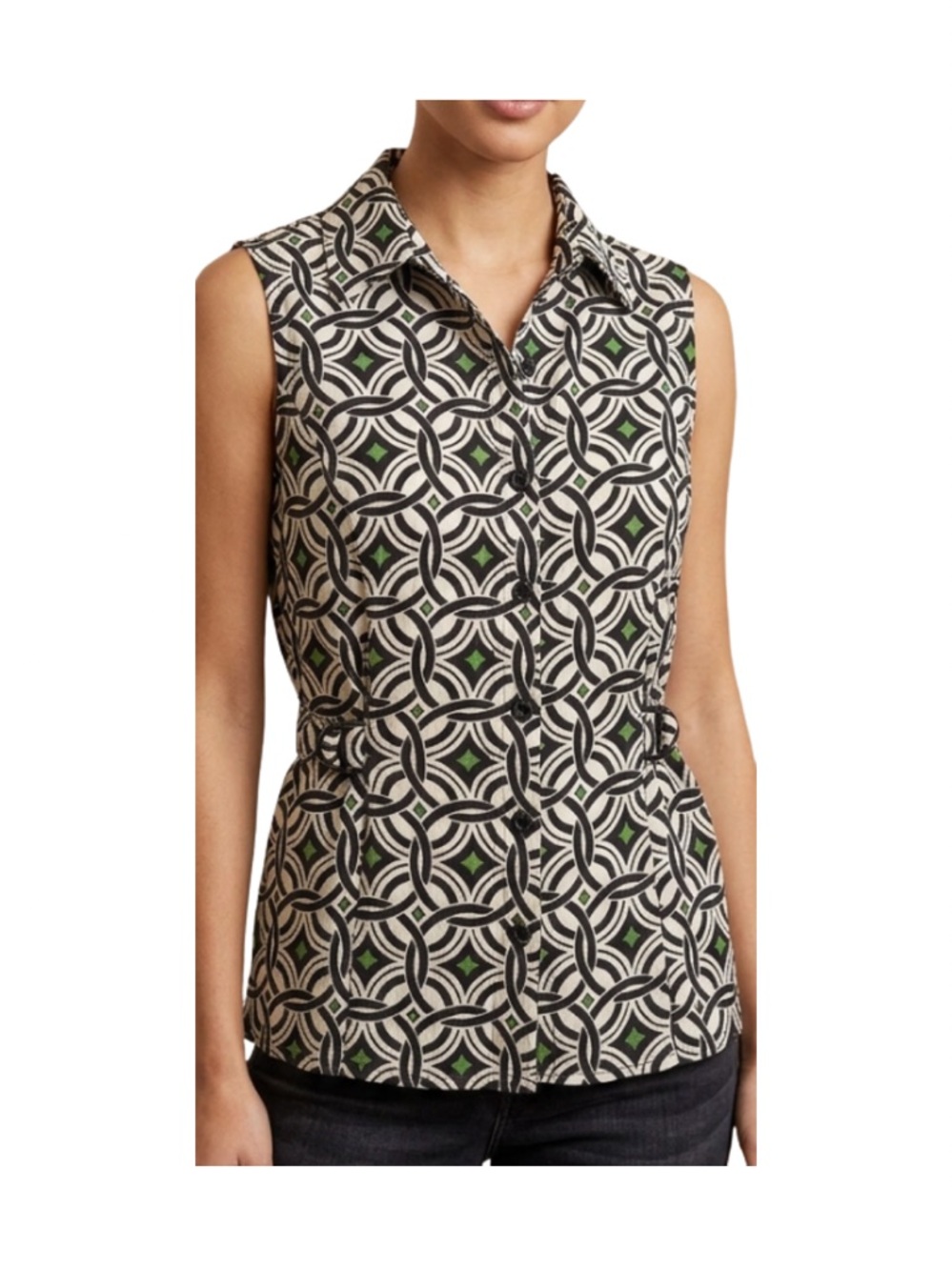 Sleeveless Geometric Print Button-Front Top in Black & White with Green Accents